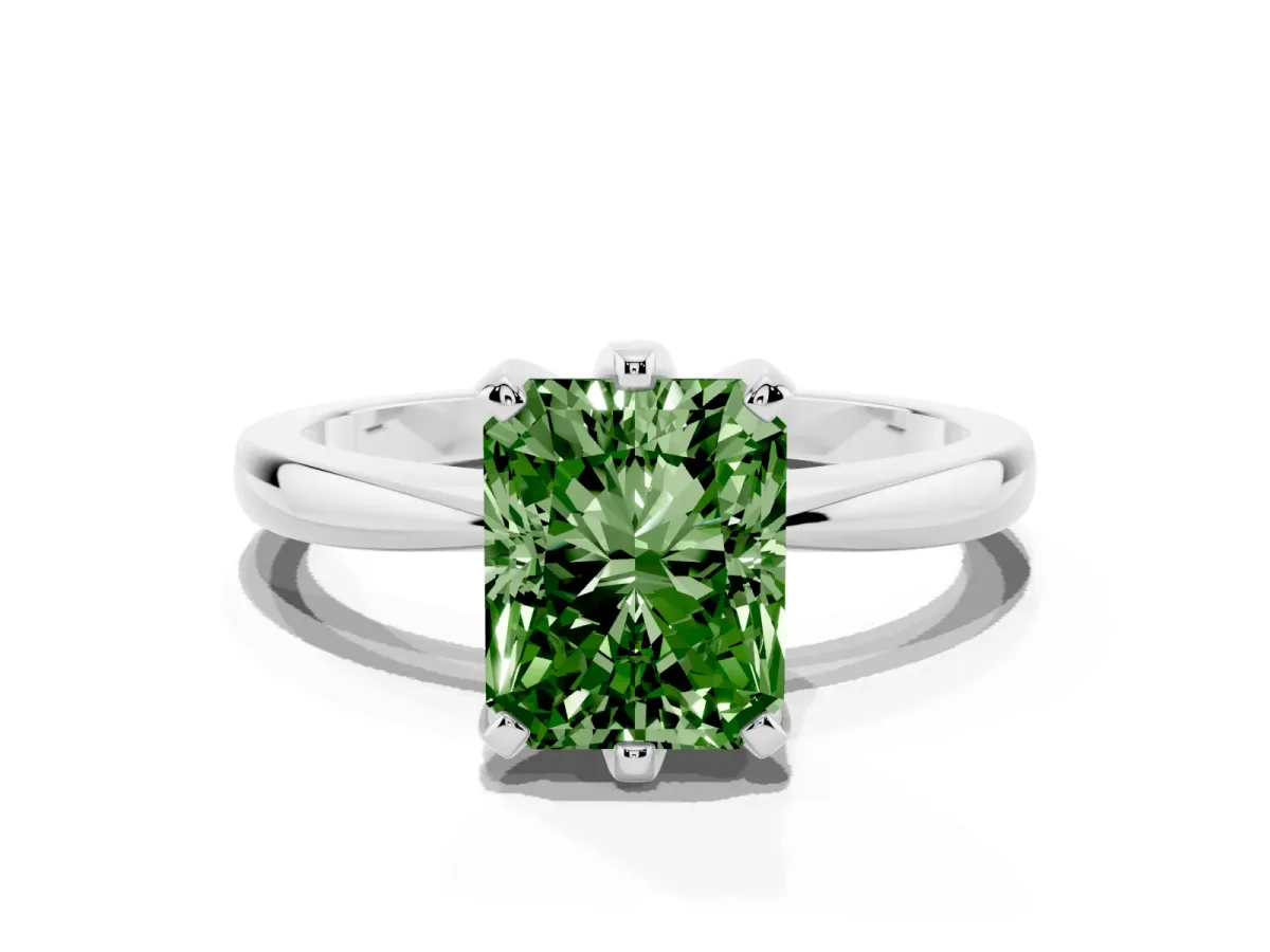 Fancy Green Radiant Cut Solitaire Engagement Ring with Six-Prong Setting and Tapered Band Silver