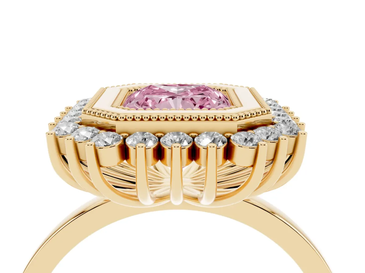 Fancy Pink Radiant Cut Halo Diamond Ring with Milgrain Edge and Round Prong Setting Yellow gold