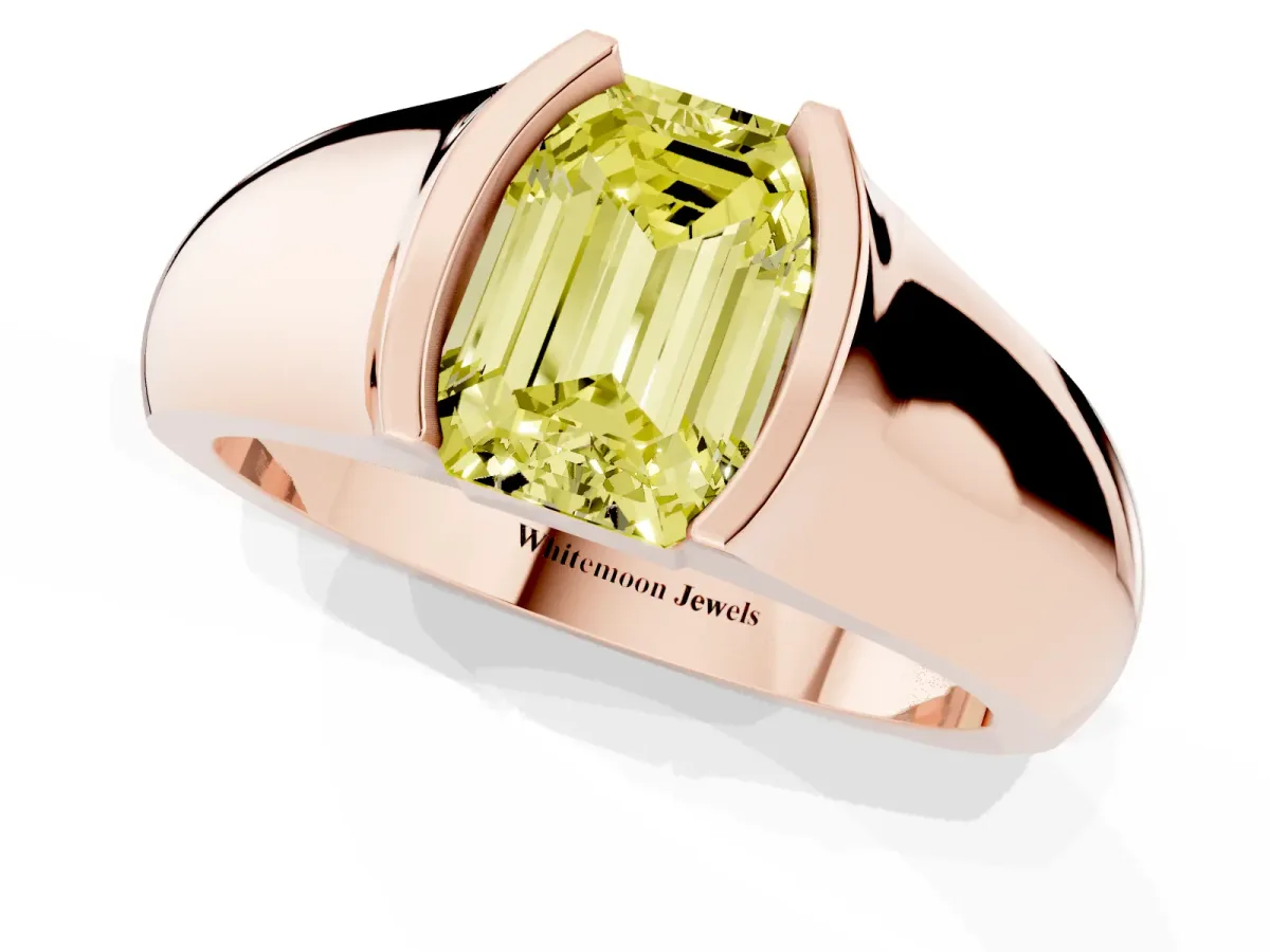 Fancy Yellow Emerald Cut Solitaire Bezel Set Diamond Ring with Wide Band Rose gold