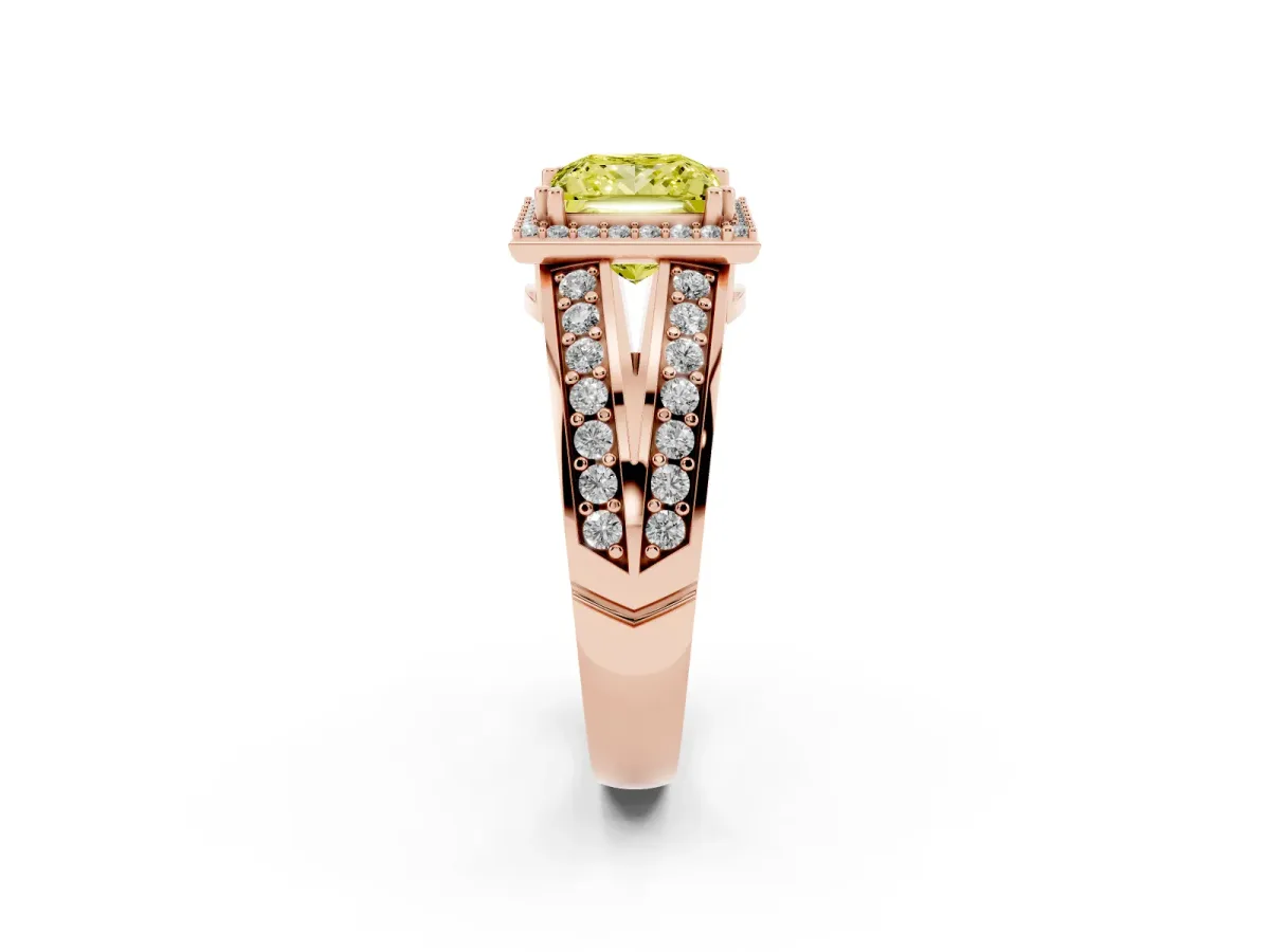 Fancy Yellow Princess Cut Diamond Halo Ring with Split Shank Pavé Band and Four-Prong Setting Rose gold