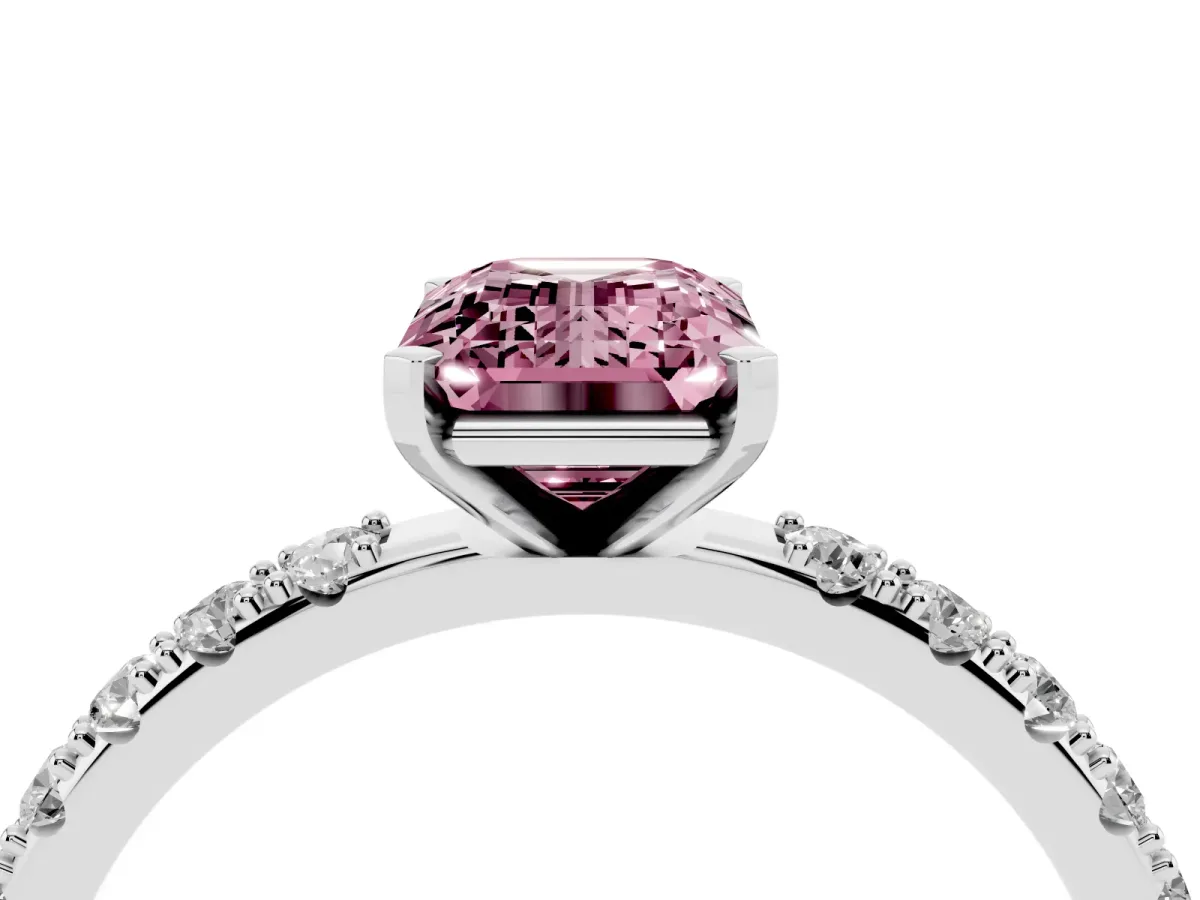 Fancy Pink Emerald Cut Diamond Solitaire Pavé Band with Four-Prong Setting Platinum