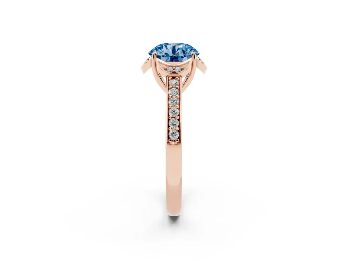 Fancy Blue Round Cut Cut Halo Diamond Ring with Channel Set Band and Four-Prong Setting Rose gold