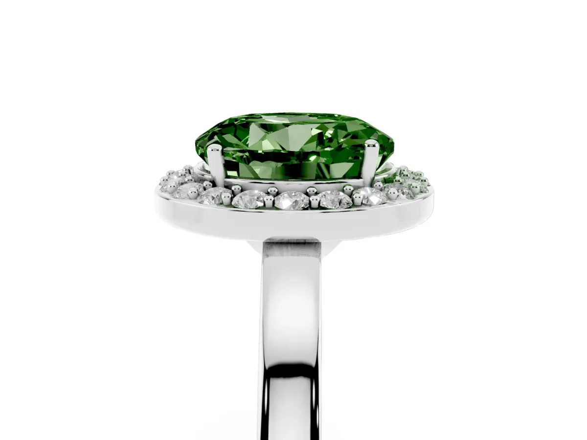 Fancy Green Round Cut Halo Diamond Ring with Solitaire Band and Prong Setting Silver