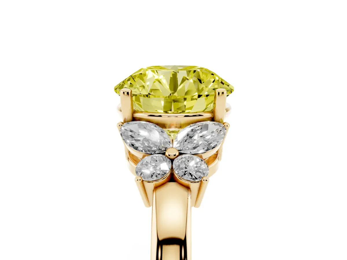Fancy Yellow Round Cut Cut Solitaire Floral Diamond Ring with Four-Prong Setting Yellow gold