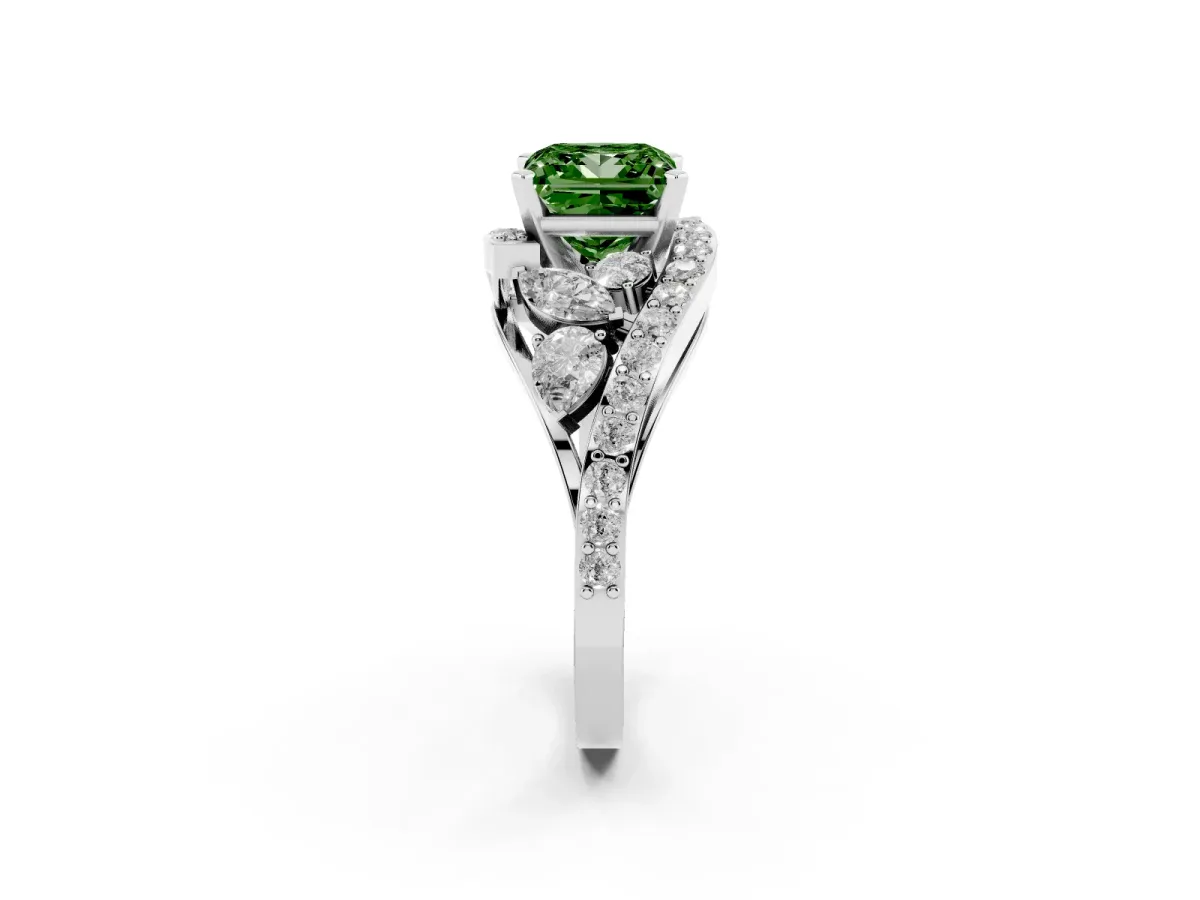Fancy Green Princess Cut Diamond Halo Ring with Marquise and Pavé Band in Prong Setting Silver