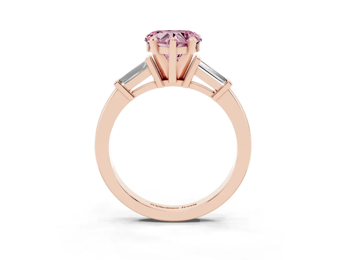 Fancy Pink Heart Cut Cut Diamond Solitaire Ring with Tapered Baguette Accents and Four-Prong Setting Rose gold