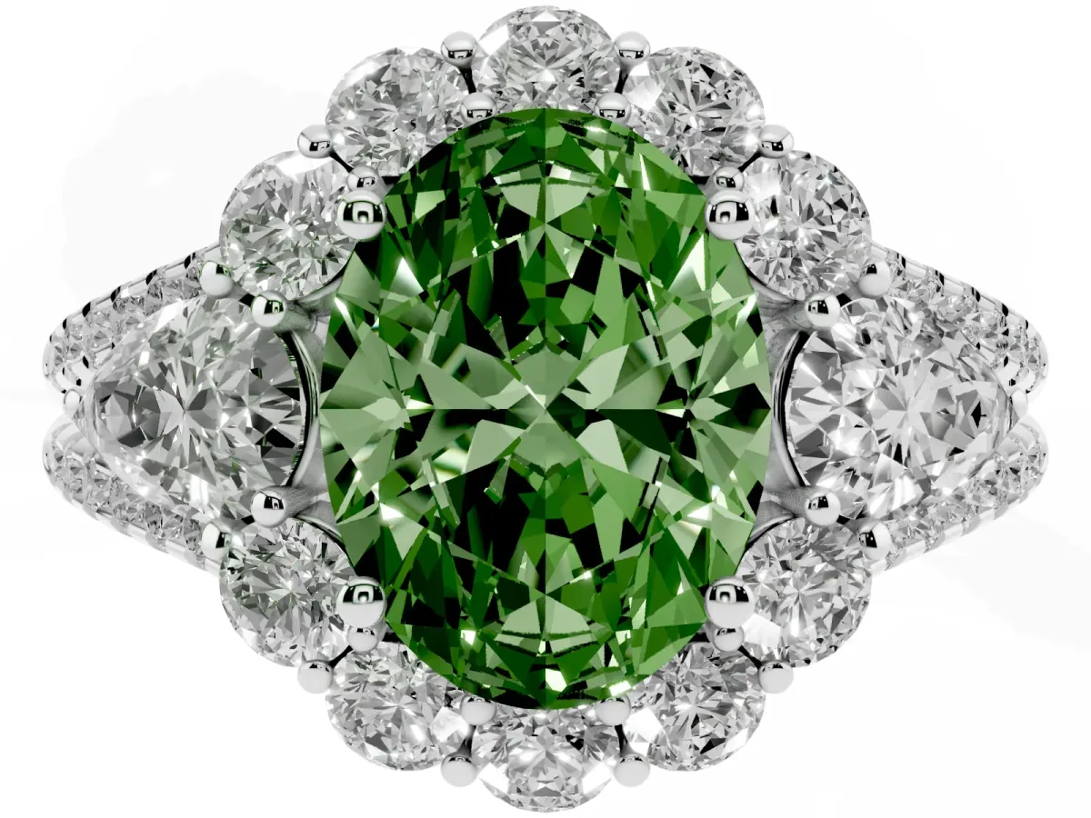 Fancy Green Oval Cut Halo Split Shank Diamond Engagement Ring with Prong Setting Platinum