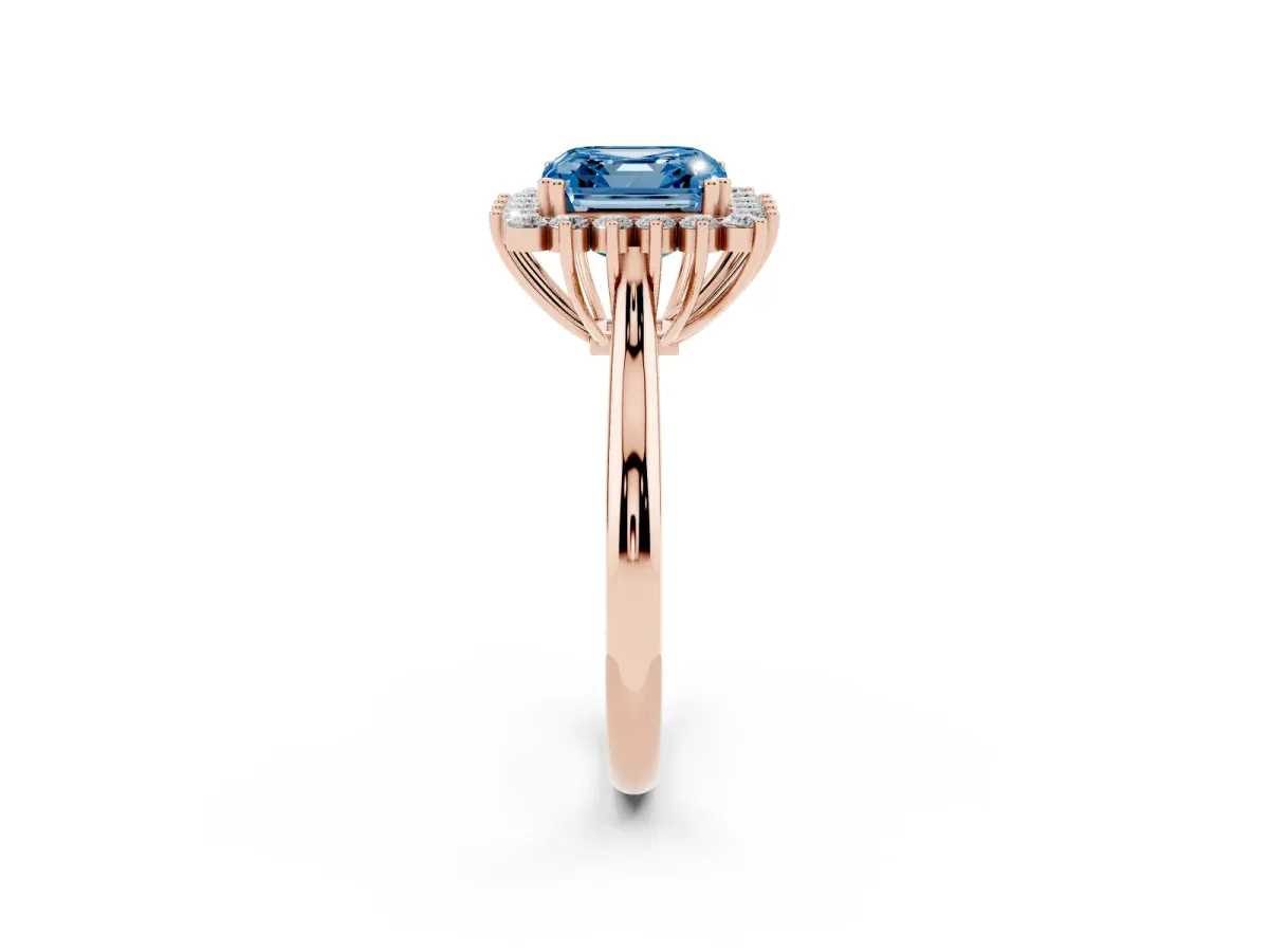 Fancy Blue Asscher Cut Cut Diamond Halo Ring with Solitaire Band and Prong Setting Rose gold