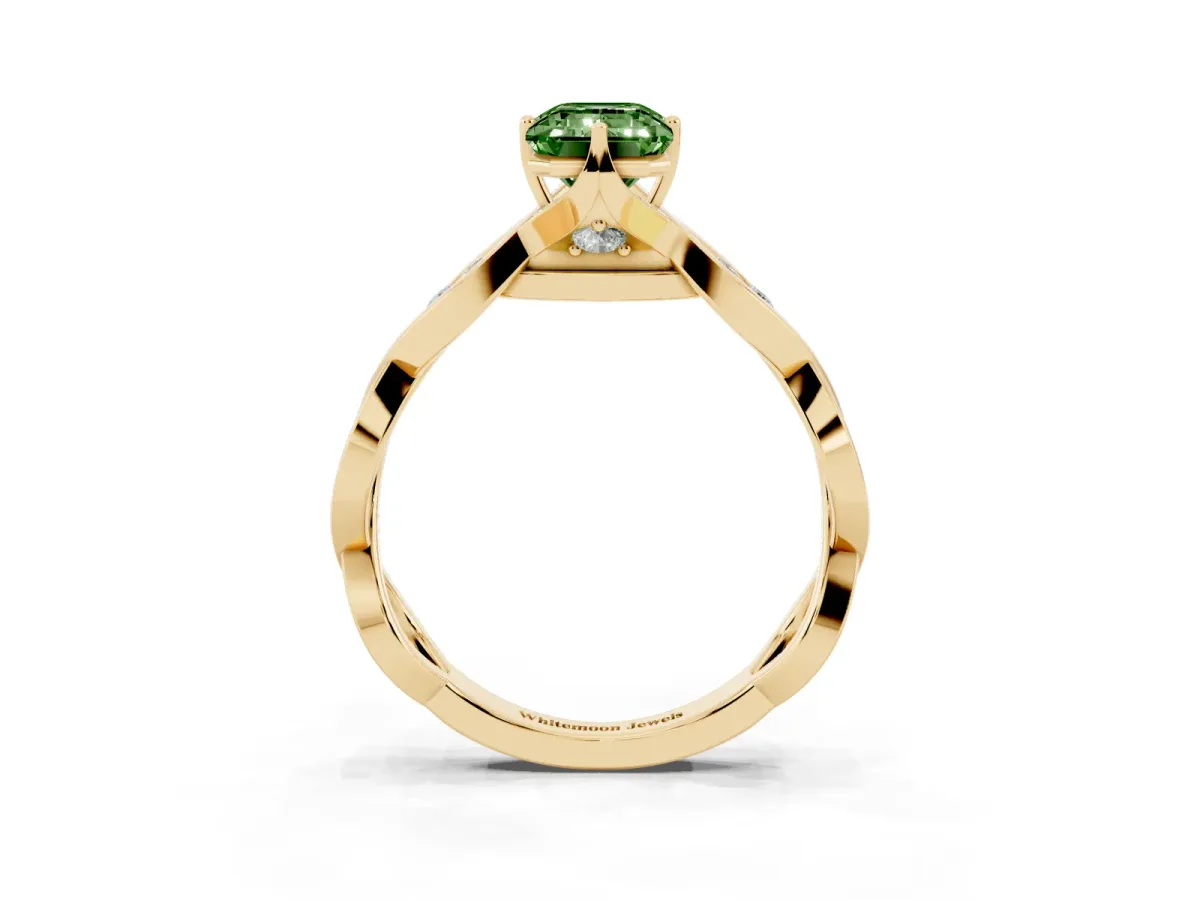 Fancy Green Emerald Cut Solitaire Twist Band with Leaf Prong Setting Yellow gold