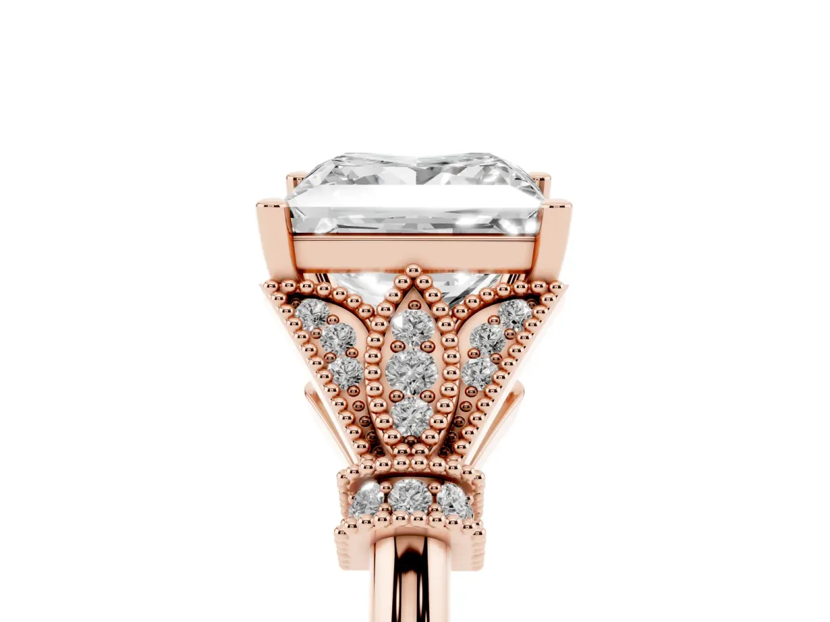 Princess Cut Diamond Solitaire Ring with Floral Filigree and Pave Accents Rose gold