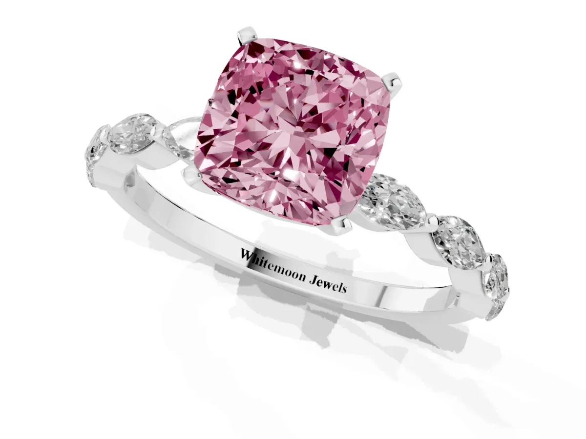 Fancy Pink Cushion Cut Diamond Ring with Marquise Side Stones and Prong Setting White gold