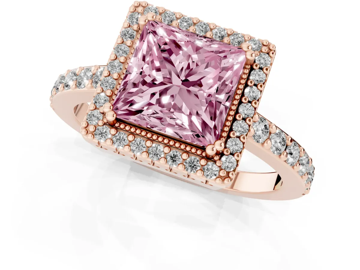 Fancy Pink Princess Cut Cut Diamond Halo Engagement Ring with Milgrain Detail and Pavé Band Rose gold