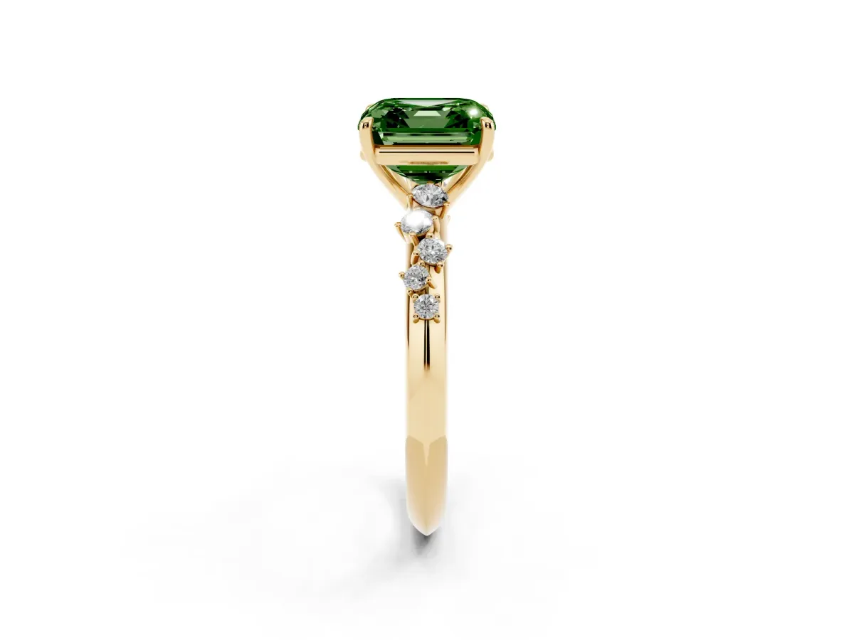 Fancy Green Asscher Cut Diamond Cluster Side Stone Solitaire Ring with Prong Setting Yellow gold