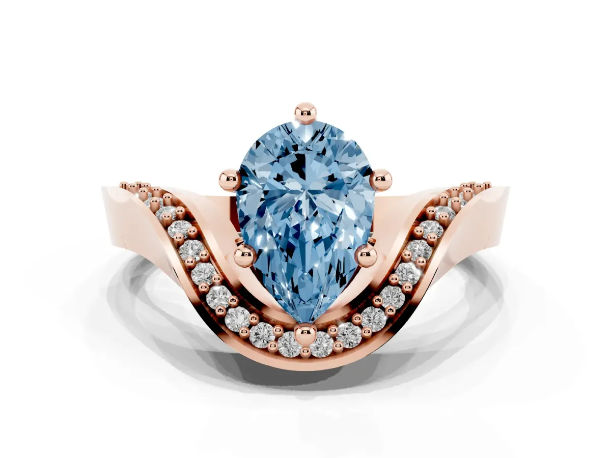 Fancy Blue Pear Cut Solitaire Diamond Engagement Ring with Pave Band and Four-Prong Setting Rose gold