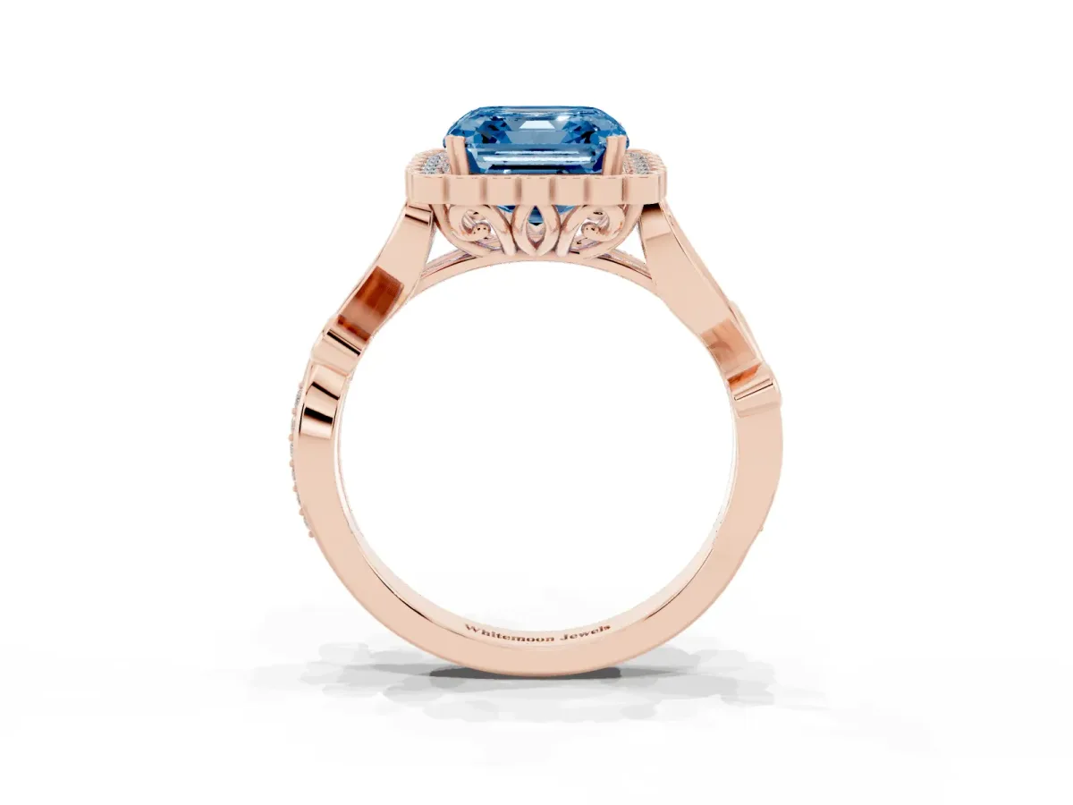 Fancy Blue Asscher Cut Diamond Halo Ring with Vintage Split Shank and Four-Prong Setting Rose gold