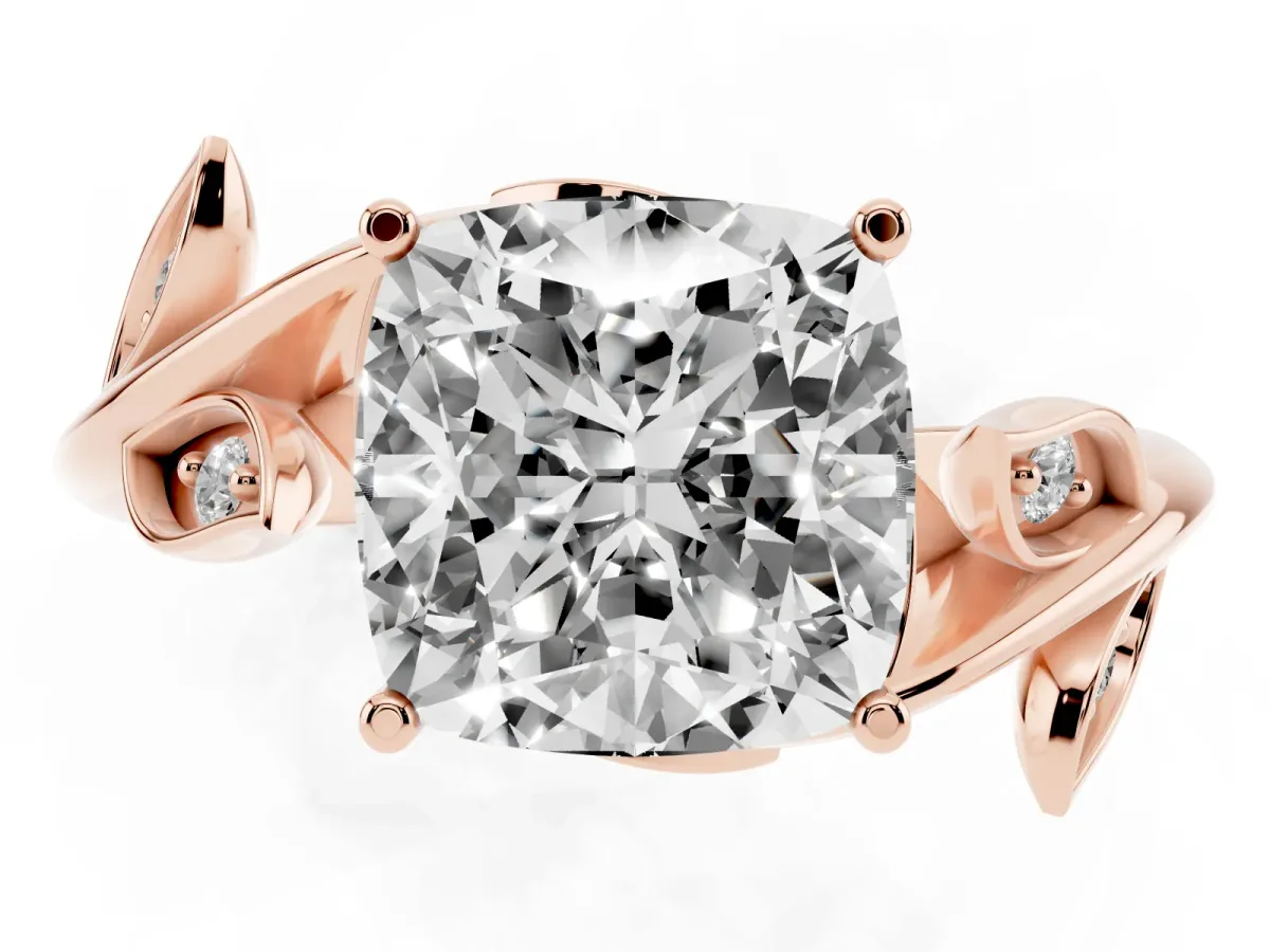 Cushion Cut Solitaire Twist Engagement Ring with Leaf Accents and Prong Setting Rose gold