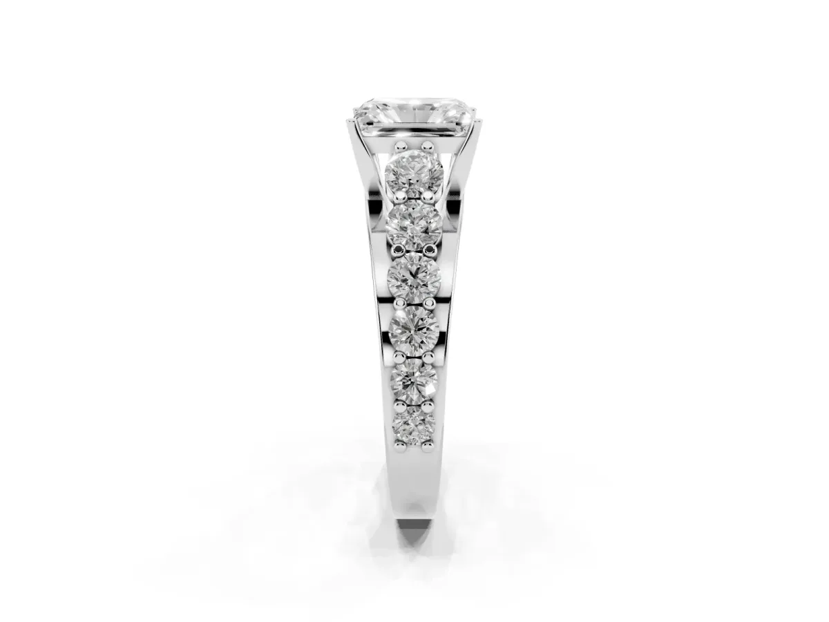Radiant Cut Diamond Engagement Ring with Pavé Band and Four-Prong Setting Silver