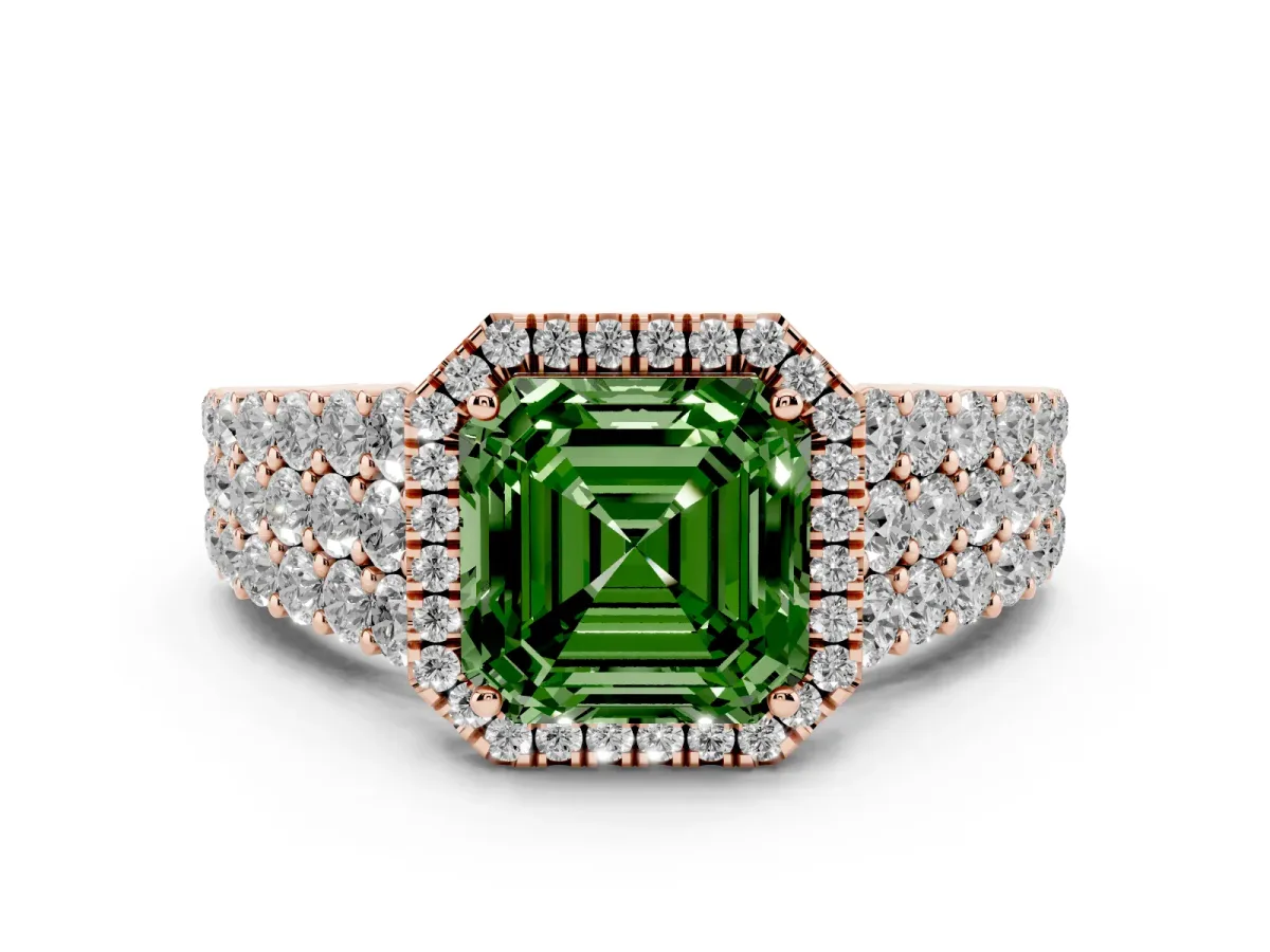 Fancy Green Asscher Cut Diamond Halo Engagement Ring with Triple Row Round Pavé Band and Prong Setting Rose gold
