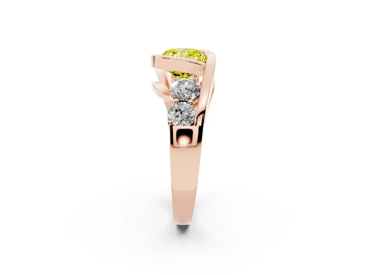 Fancy Yellow Bezel Set Cushion Cut Diamond Bypass Ring with Round Accents Rose gold