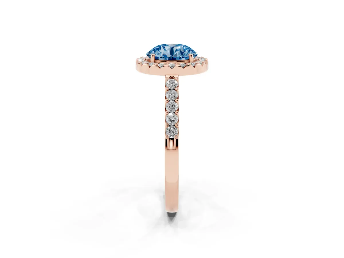 Fancy Blue Round Cut Halo Diamond Pavé Solitaire Ring Rose gold