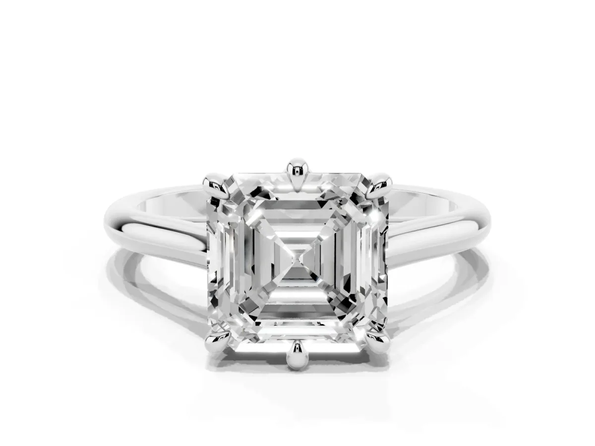 Asscher Cut Solitaire Engagement Ring with Six-Prong Setting and Classic Band Silver