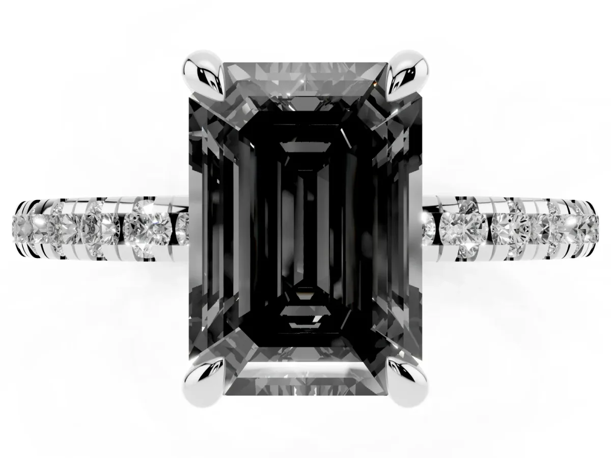 Fancy Black Emerald Cut Diamond Brilliant Solitaire Ring with Pavé Band and Four-Prong Setting Platinum