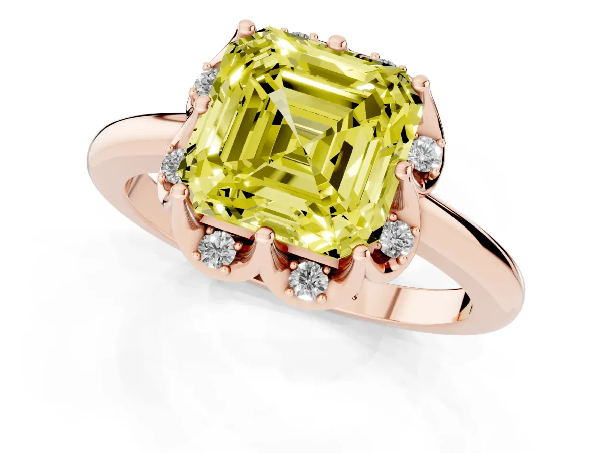 Fancy Yellow Asscher Cut Halo Diamond Ring with Round Cluster Setting, Solitaire Band, and Four-Prong Setting Rose gold