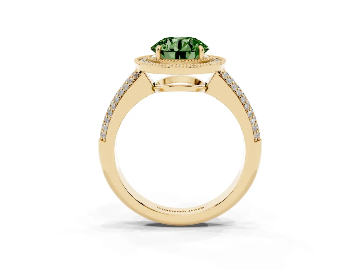Fancy Green Round Cut Cut Halo Diamond Pave Band with Four-Prong Setting Yellow gold