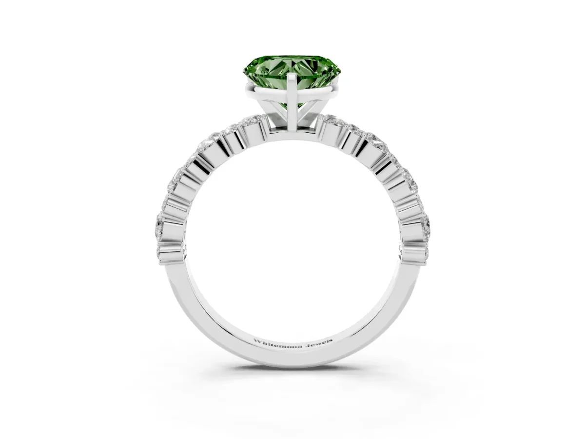 Fancy Green Heart Cut Diamond Side Stone Solitaire Ring with Round and Four-Prong Setting Silver