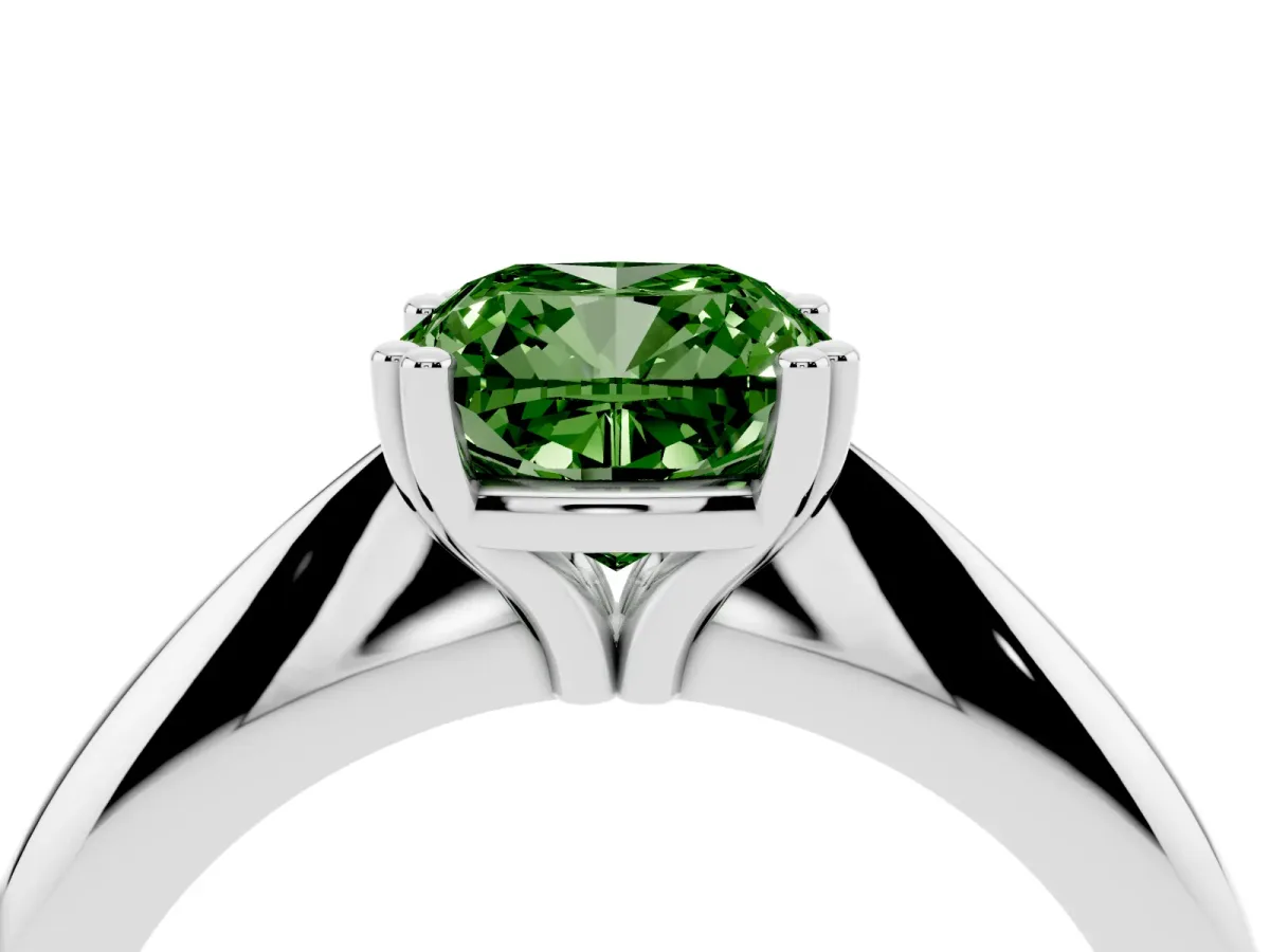 Fancy Green Cushion Cut Cut Solitaire Engagement Ring with Tapered Band and Four-Prong Setting Silver