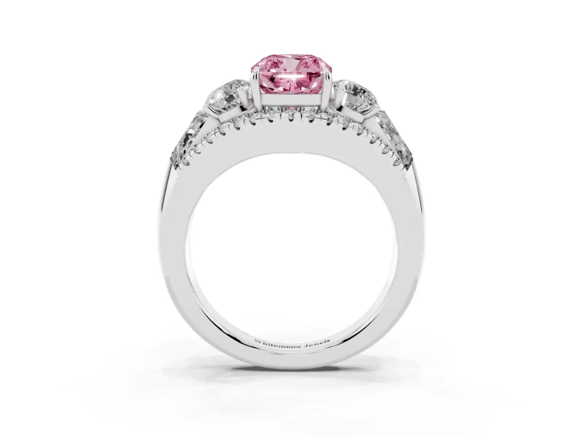 Fancy Pink Three-Stone Cushion Cut Diamond Engagement Ring with Pave Band and Prong Setting Silver
