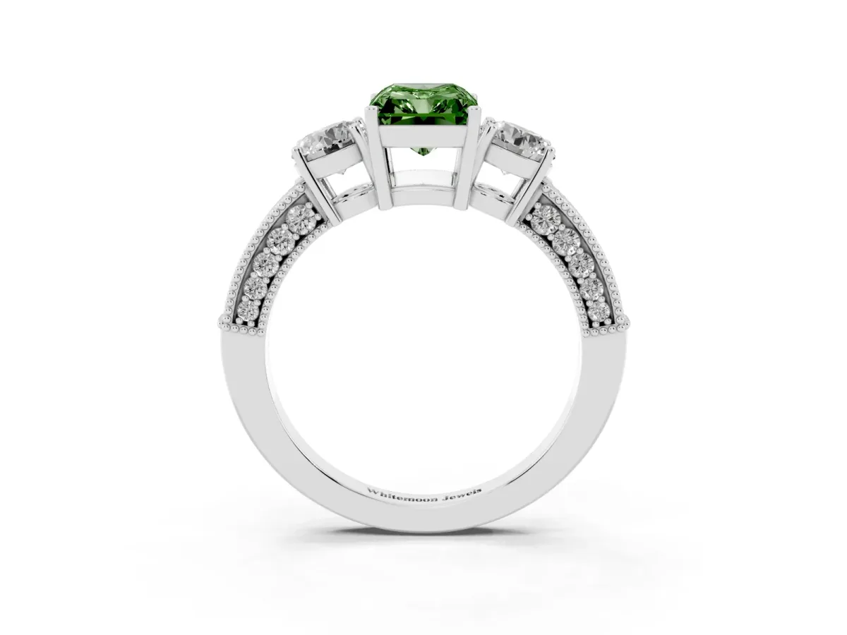 Fancy Green Radiant Cut Three-Stone Diamond Ring with Pavé Band and Four-Prong Setting Silver