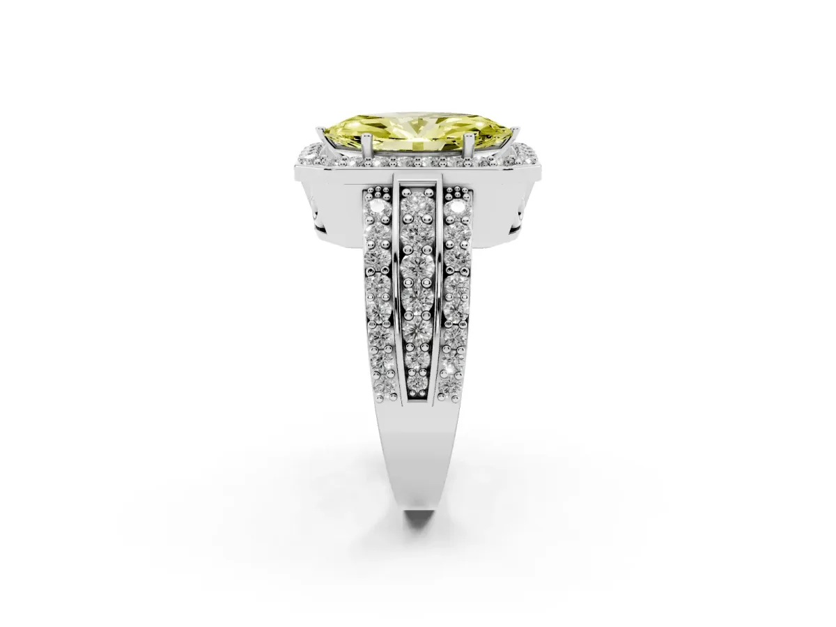 Fancy Yellow Marquise Cut Halo Diamond Ring with Round Split Shank and Prong Setting Silver
