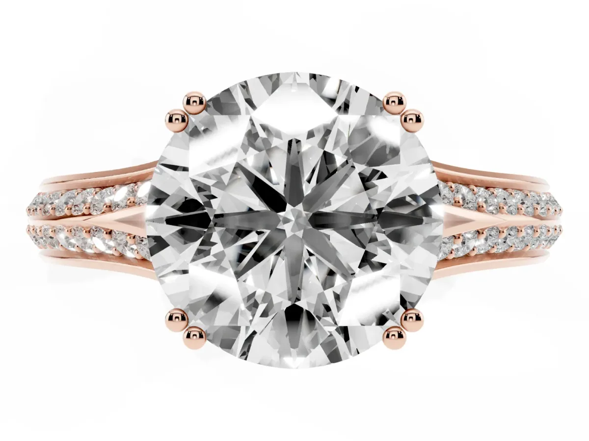 Round Cut Diamond Split Shank Engagement Ring with Pavé Band Rose gold