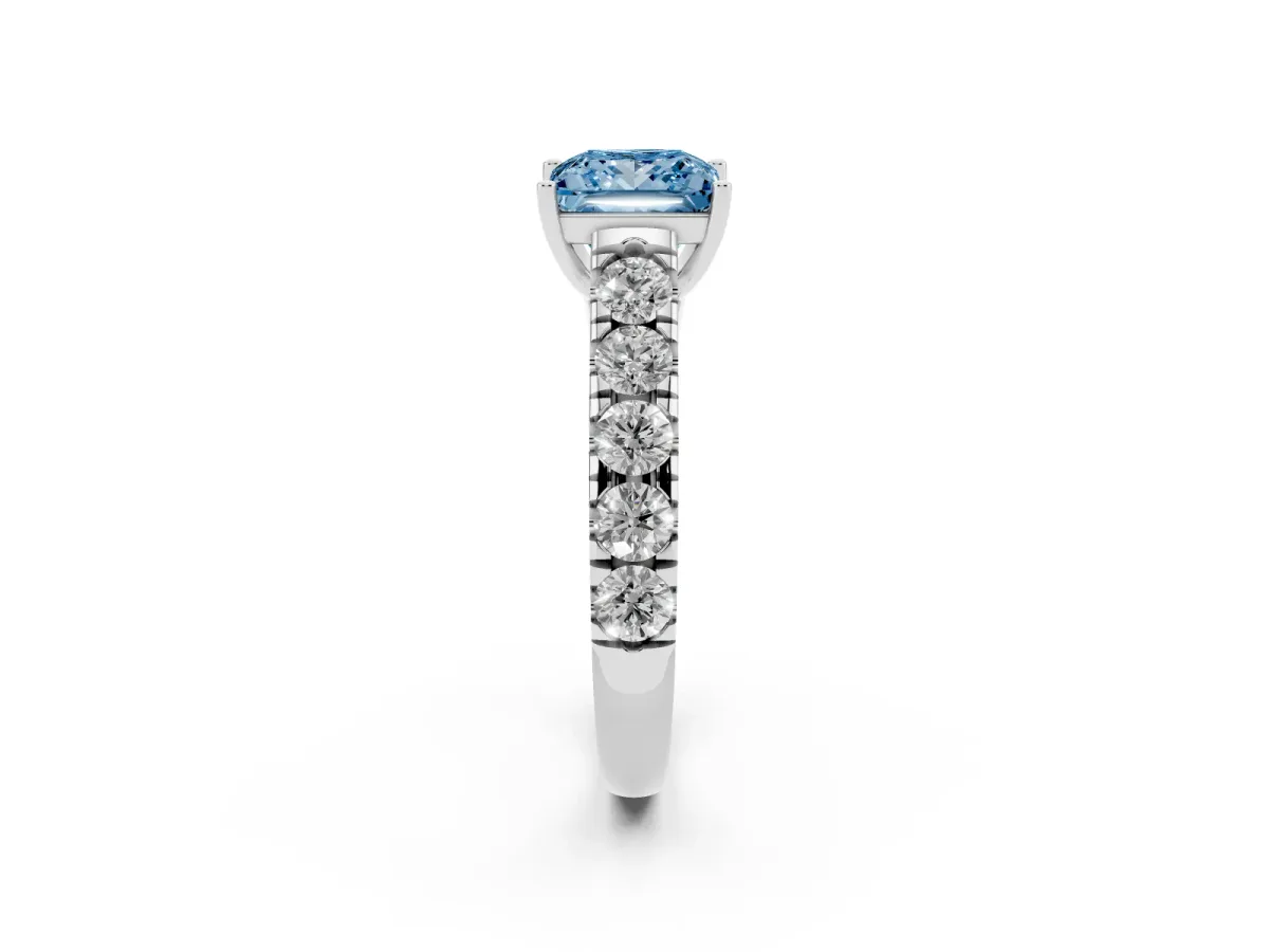 Fancy Blue Princess Cut Cut Diamond Solitaire Ring with Micro Pave Band and Prong Setting Silver