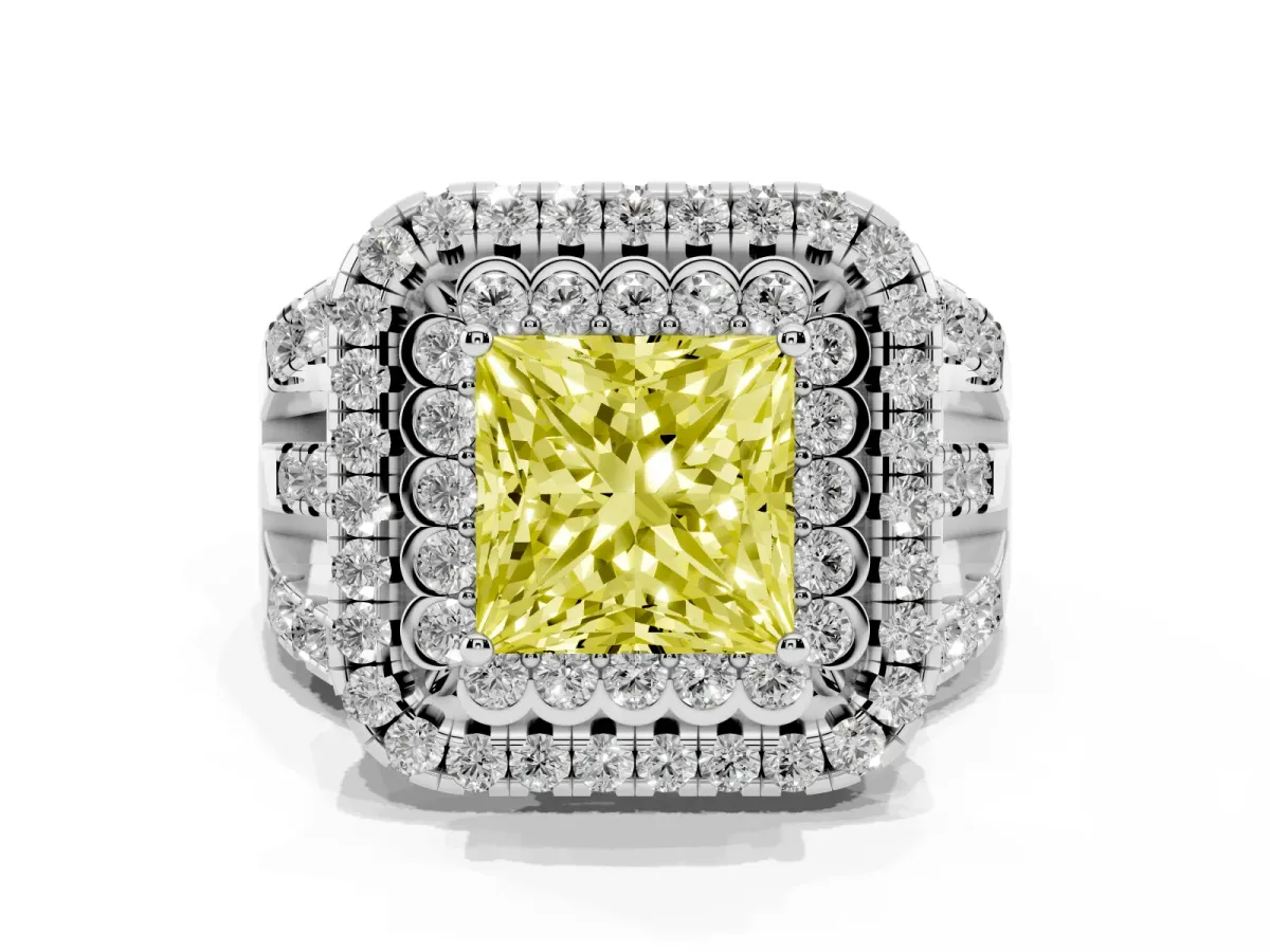 Fancy Yellow Princess Cut Diamond Double Halo Ring with Round Pavé Split Shank and Prong Setting Silver