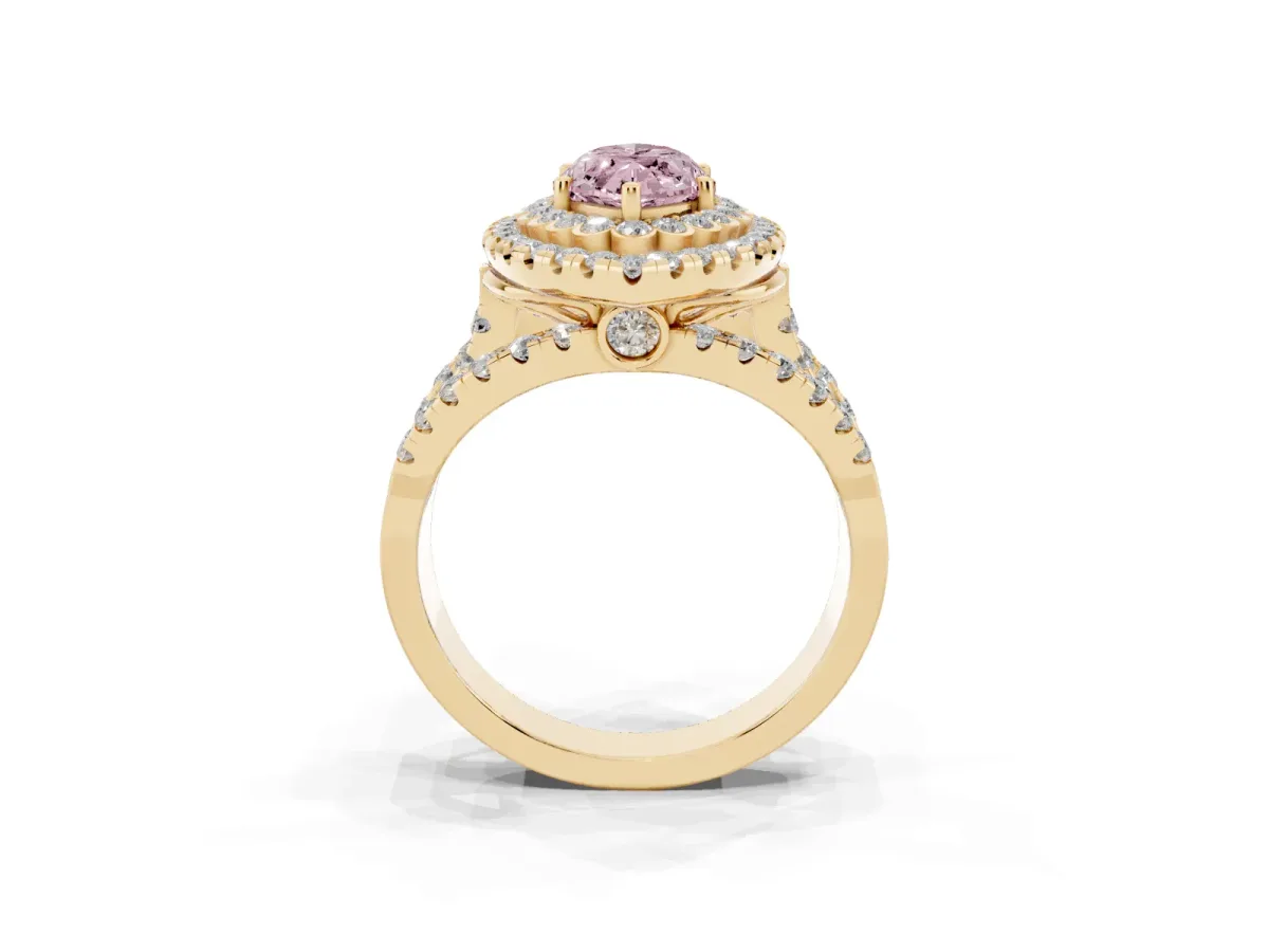 Fancy Pink Marquise Cut Diamond Double Halo Ring with Round Pavé Split Shank and Prong Setting Yellow gold