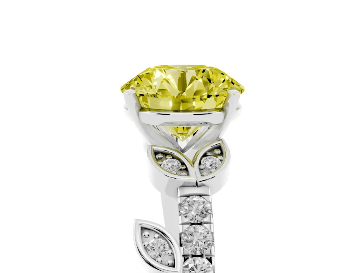 Fancy Yellow Round Cut Solitaire Leaf-Inspired Diamond Ring with Pavé Band and Four-Prong Setting Silver