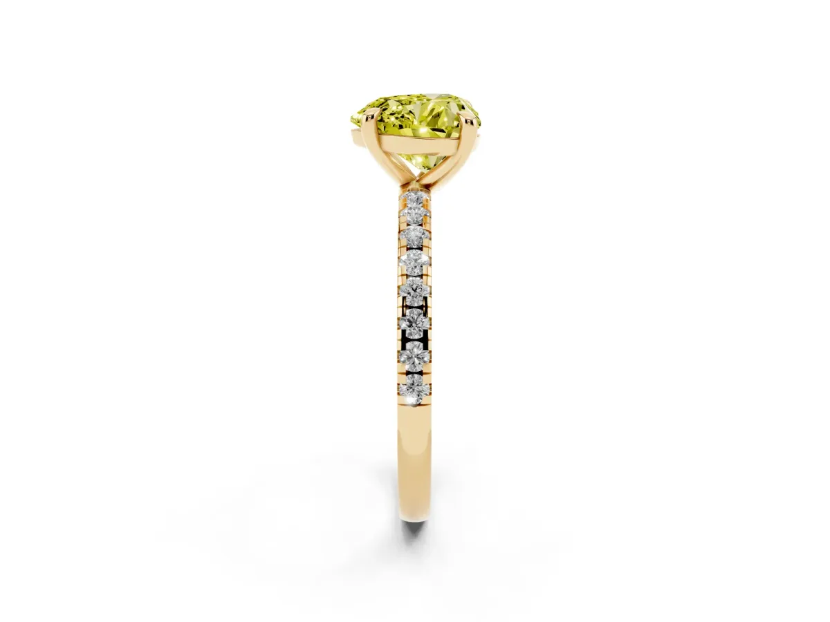 Fancy Yellow Heart Cut Diamond Brilliant Solitaire Ring with Pavé Band and Four-Prong Setting Yellow gold