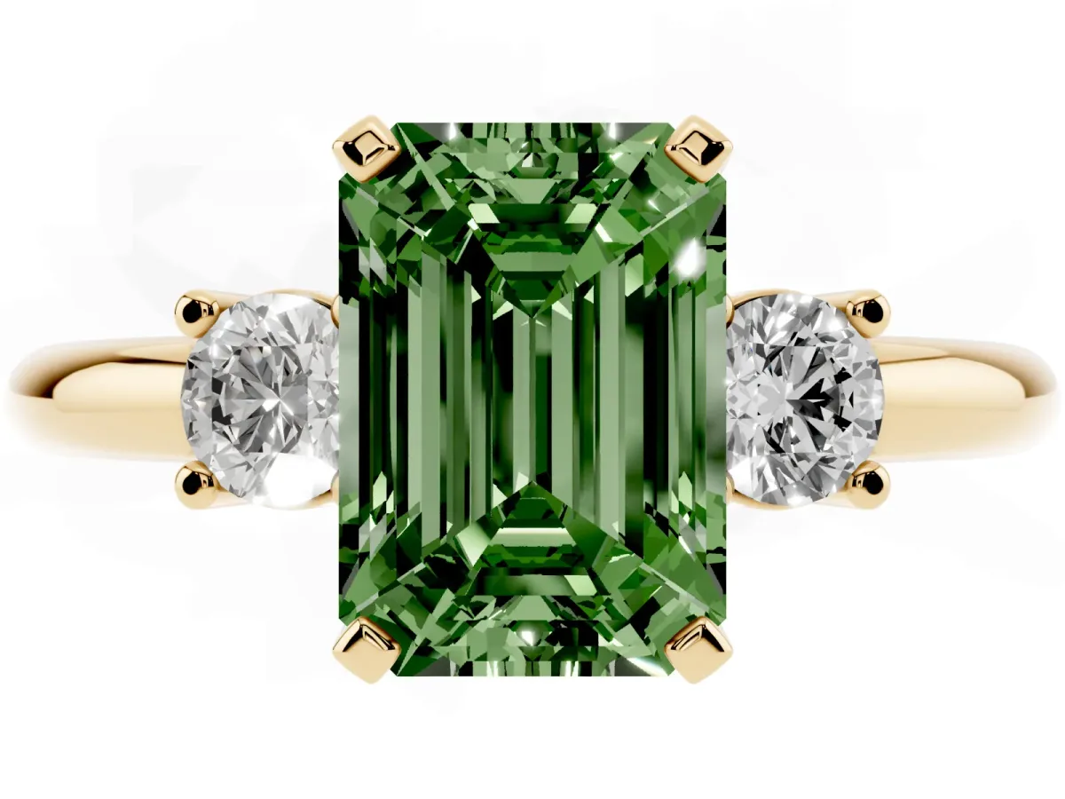 Fancy Green Three-Stone Emerald Cut Cut Diamond Solitaire with Prong Setting and Classic Band Yellow gold