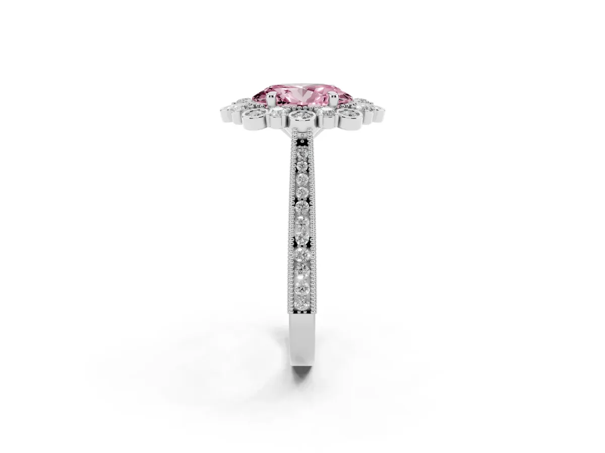 Fancy Pink Oval Cut Halo Milgrain Pave Diamond Ring with Four-Prong Setting Silver