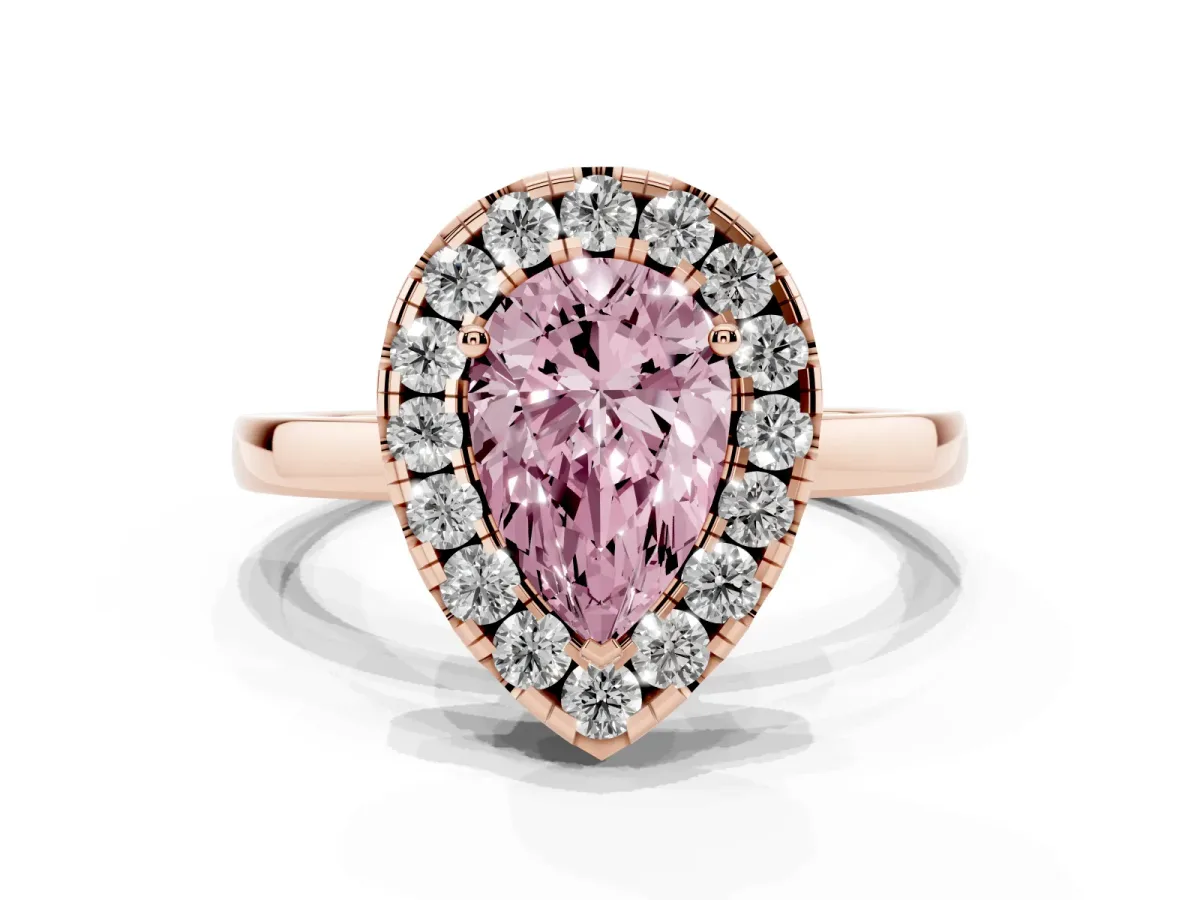 Fancy Pink Pear Cut Halo Diamond Solitaire with Pavé Band and Four-Prong Setting Rose gold