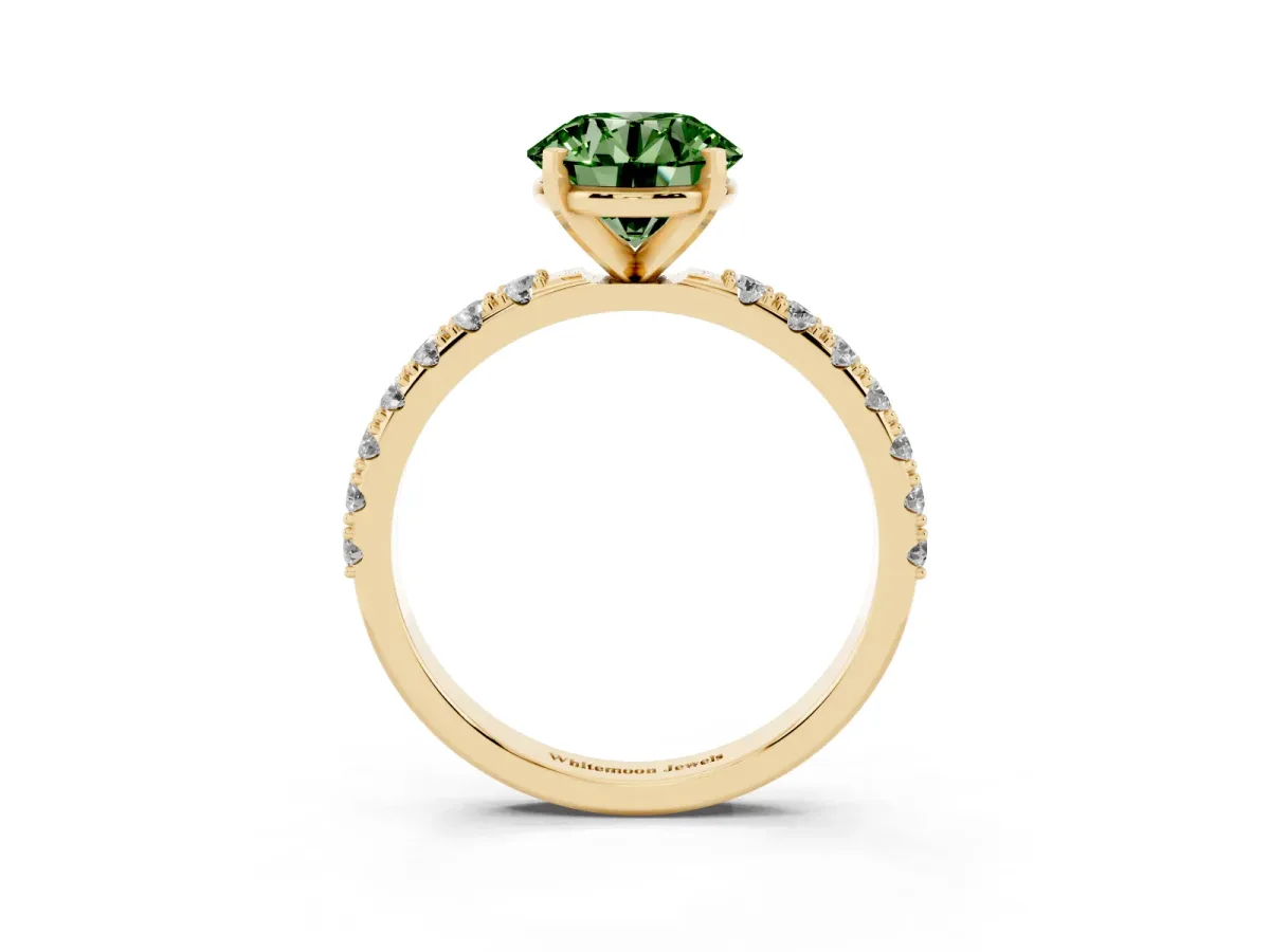 Fancy Green Round Cut Diamond Solitaire Pavé Band with Four-Prong Setting Yellow gold