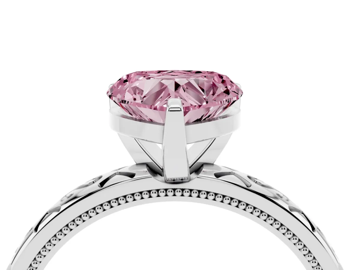 Fancy Pink Heart Cut Solitaire Engagement Ring with Scrollwork Band and Four-Prong Setting Platinum
