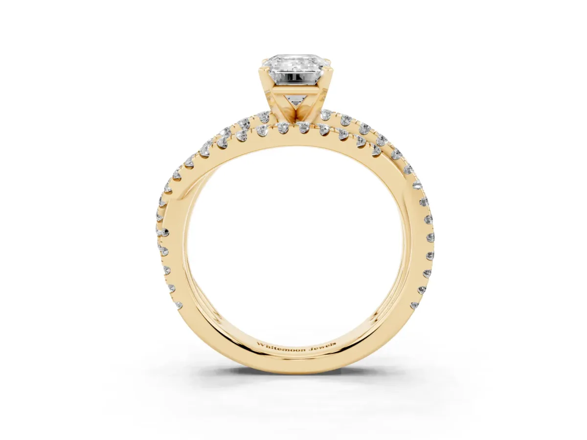 Emerald Cut Solitaire Twist Band with Pavé Setting and Four-Prong Setting Yellow gold