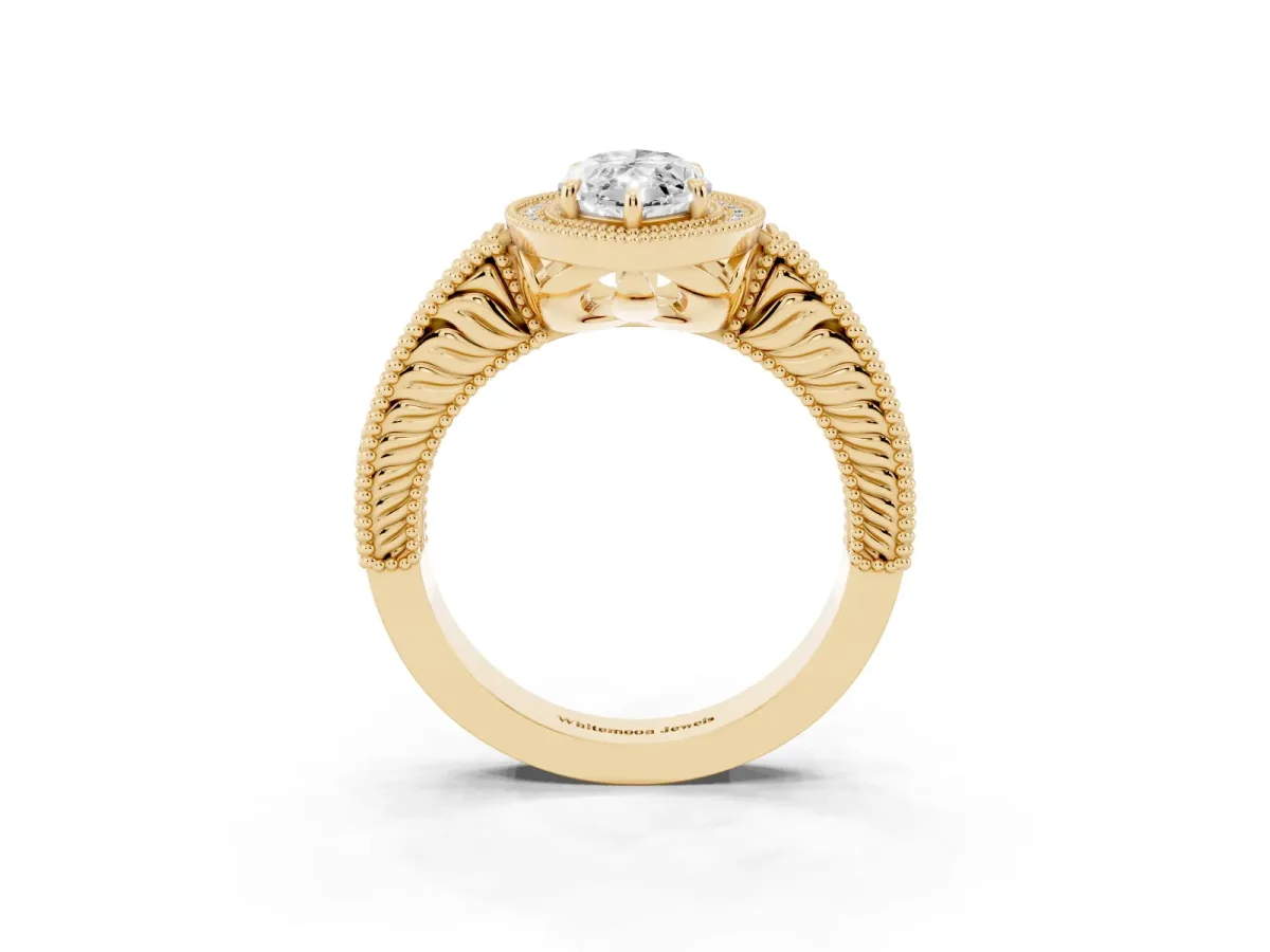 Marquise Cut Cut Halo Diamond Ring with Pavé Band and Four-Prong Setting Yellow gold