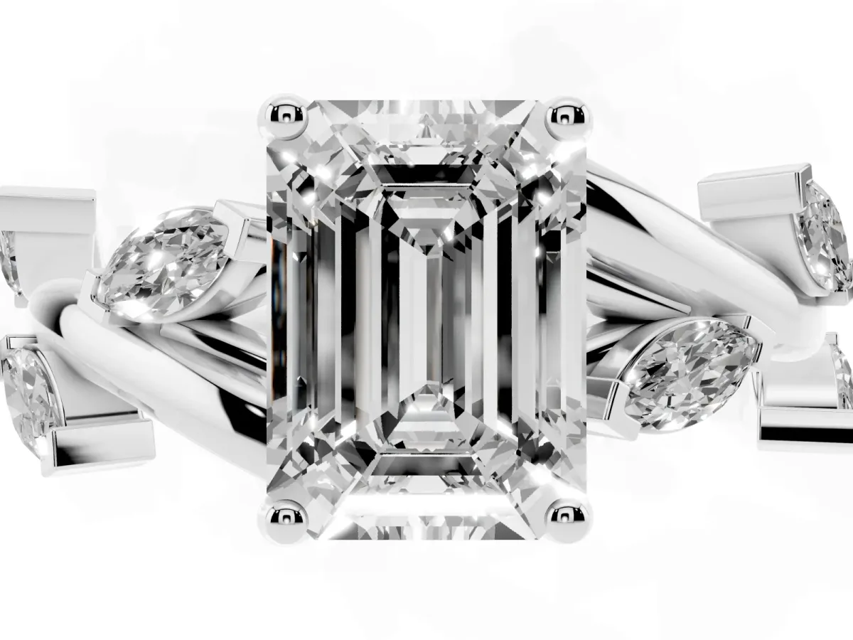 Emerald Cut Solitaire Twisted Band Marquise Accent Prong Setting Ring Silver