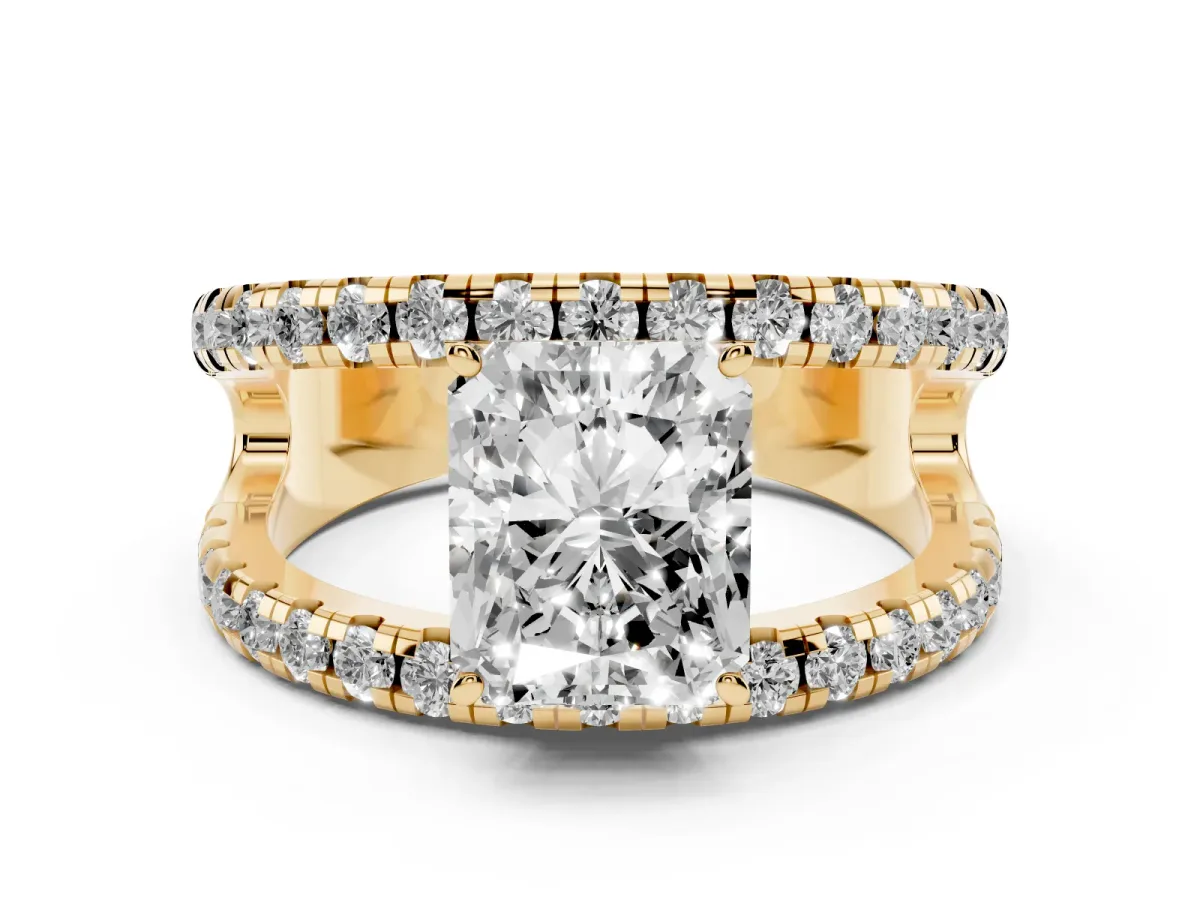 Radiant Cut Solitaire Split Shank Pave Diamond Ring Yellow gold