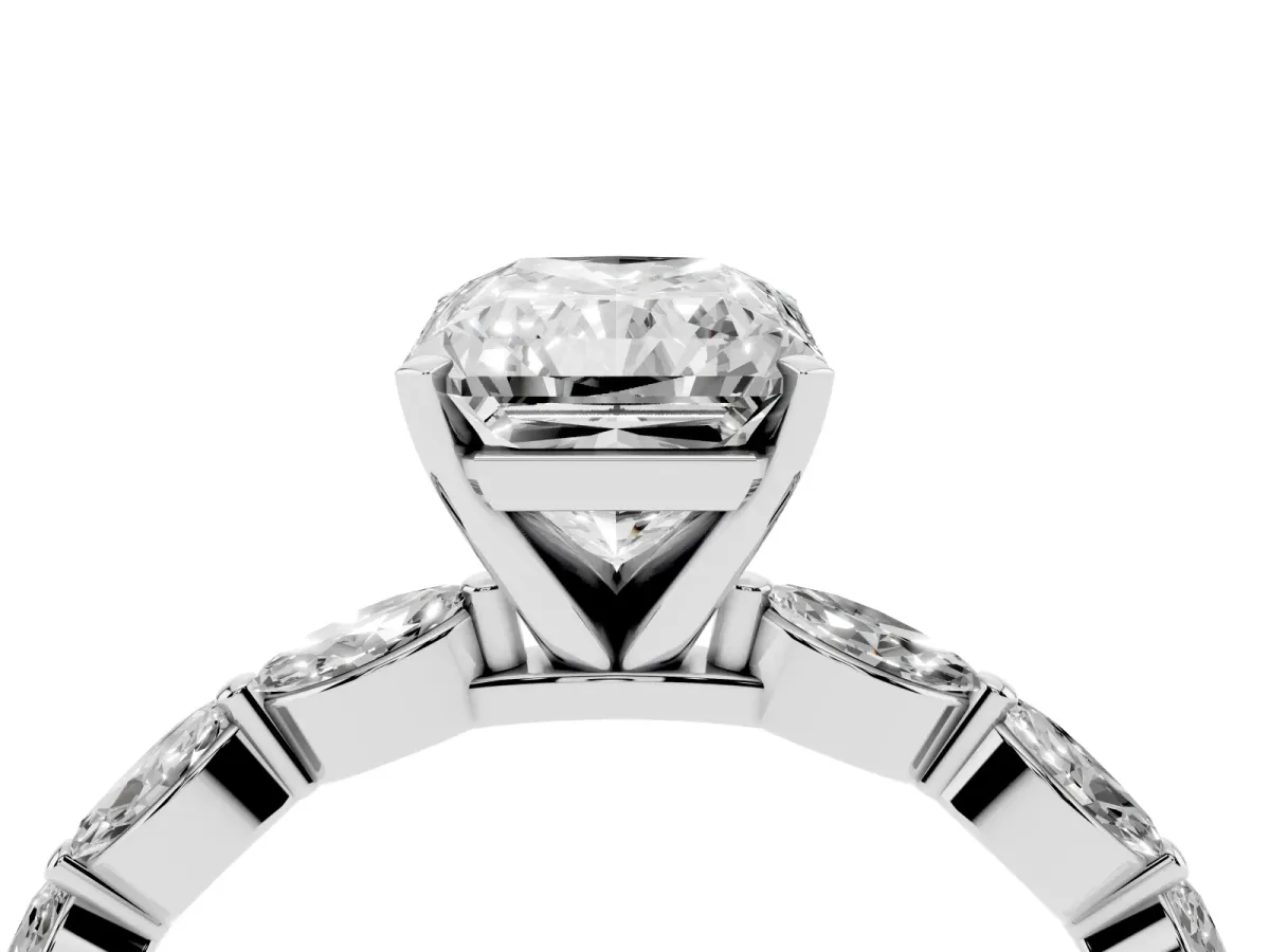 Radiant Cut Diamond Ring with Marquise Side Stones and Prong Setting Platinum