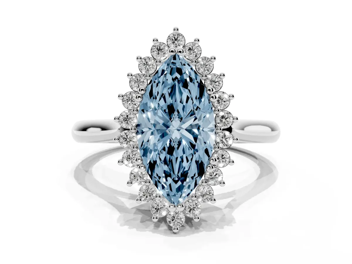 Fancy Blue Marquise Cut Cut Diamond Halo Ring with Solitaire Band and Prong Setting Silver